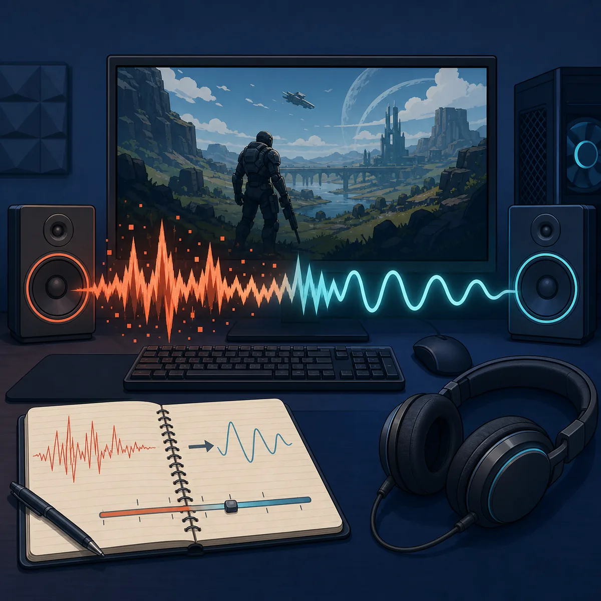 Editorial illustration showing a noisy Xenia audio waveform becoming smooth during troubleshooting