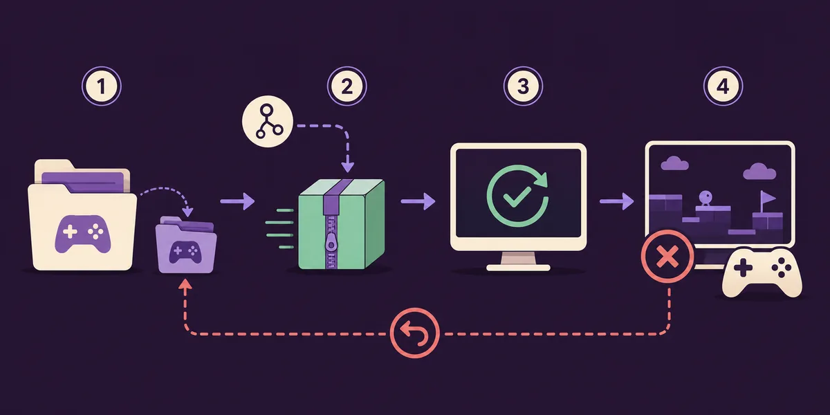 Illustrated four-step workflow for backing up, updating, testing and rolling back Xenia Canary