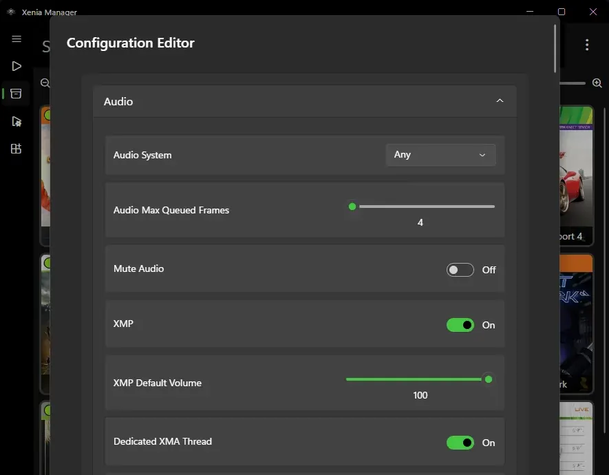 Xenia Manager per-game configuration editor used to verify a game config path