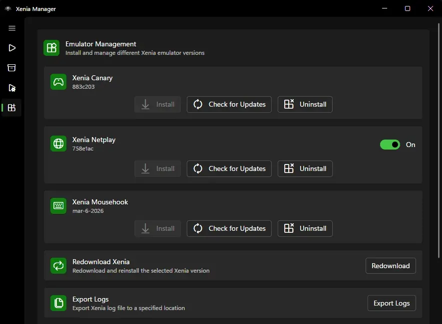 Xenia Manager Emulator Management screen for checking and reinstalling Xenia versions