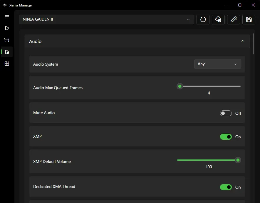 Xenia Manager settings screen used to verify the selected configuration context