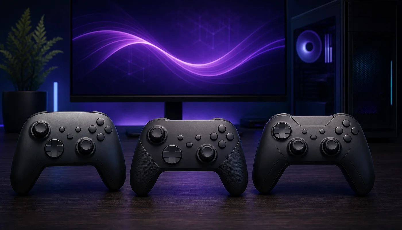 Editorial illustration of three generic controllers at a purple Windows gaming desk
