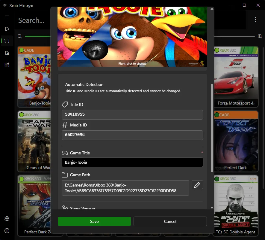Xenia Manager game details editor used to verify title information for Netplay compatibility