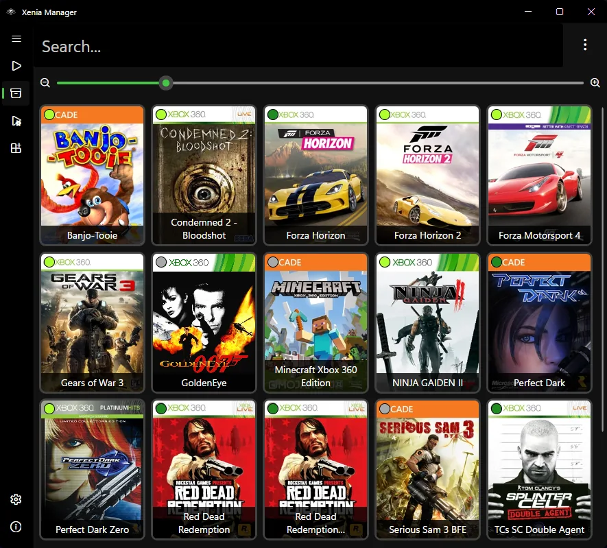Official Xenia Manager library showing Xbox 360 game cover art