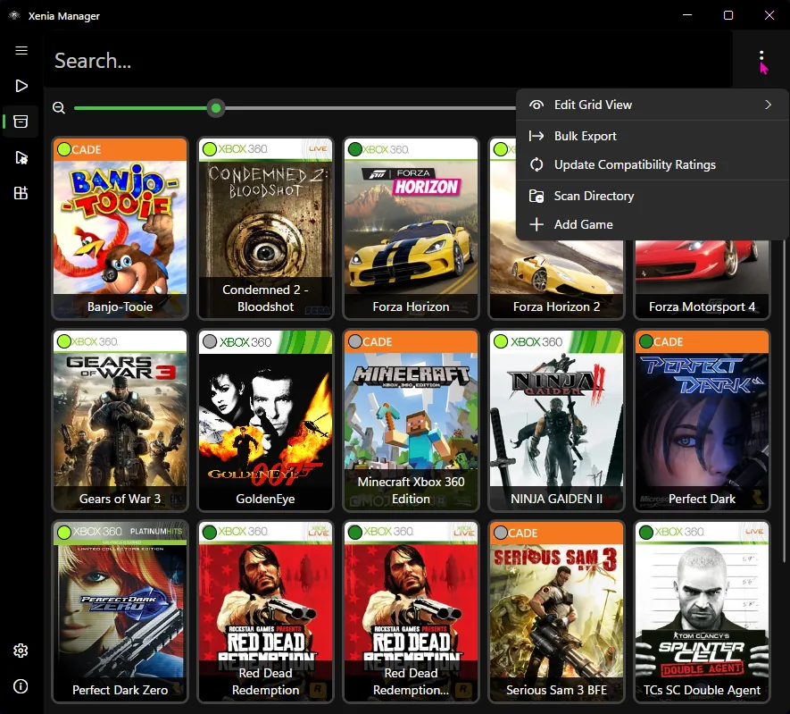 Official Xenia Manager library options menu used to adjust library presentation