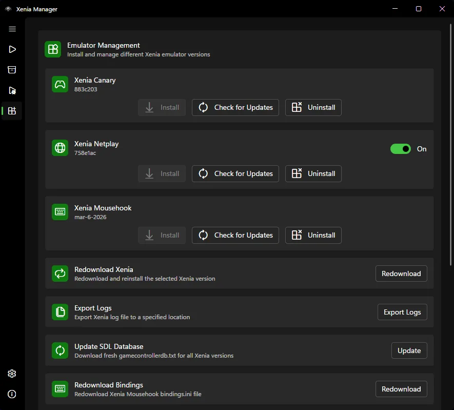 Xenia Manager emulator management screen with Xenia Canary update controls