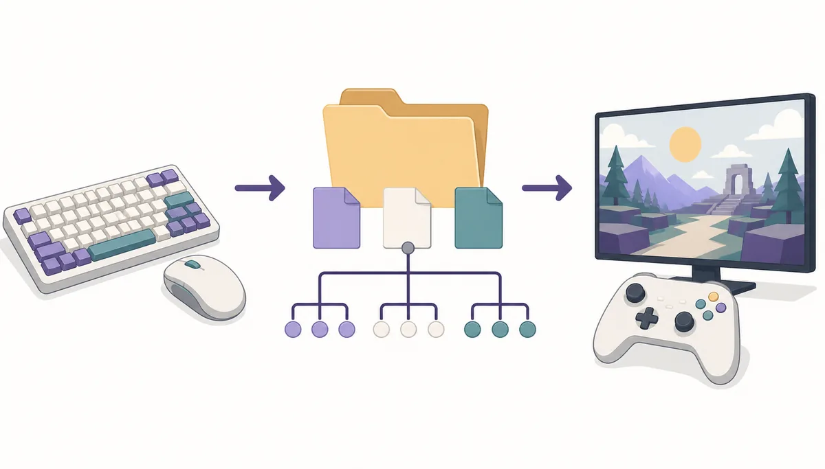 Editorial diagram showing keyboard and mouse input flowing through a separated emulator build