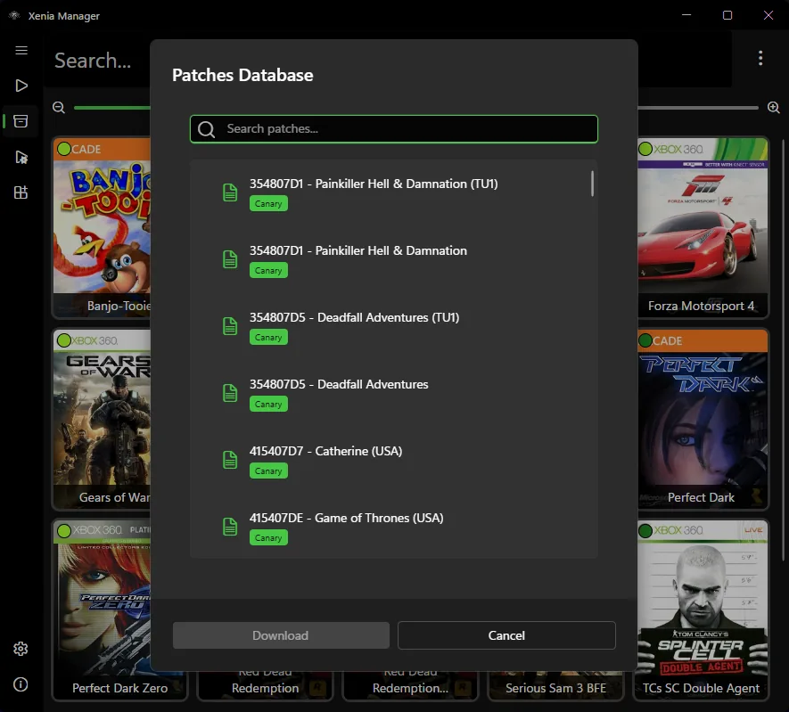 Official Xenia Manager Patch Downloader used to separate patch packages from game DLC