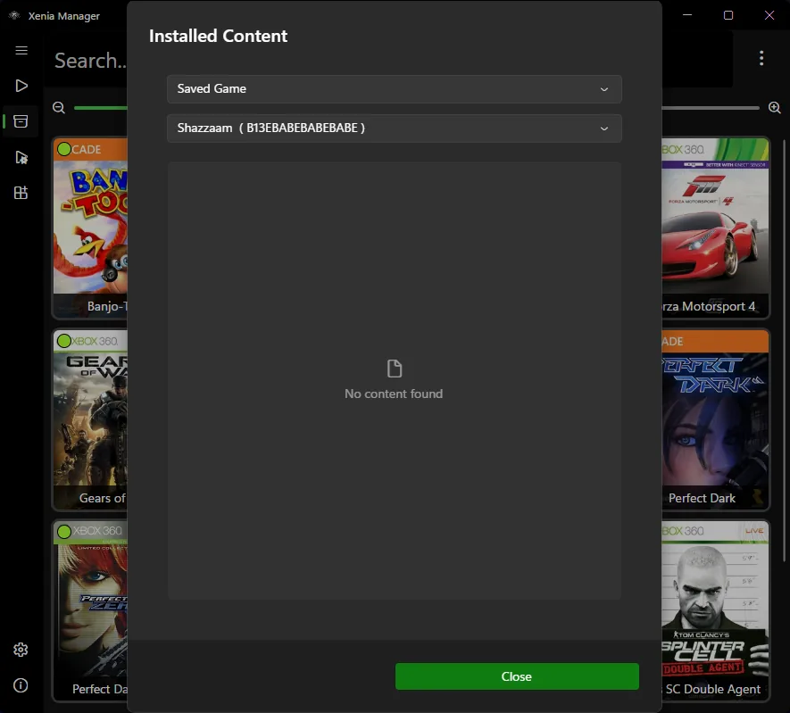 Official Xenia Manager Content Viewer showing profile and installed content selectors