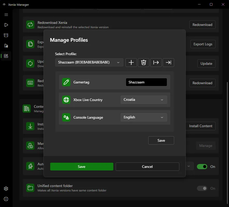 Official Xenia Manager Manage Profiles dialog showing XUID profile controls