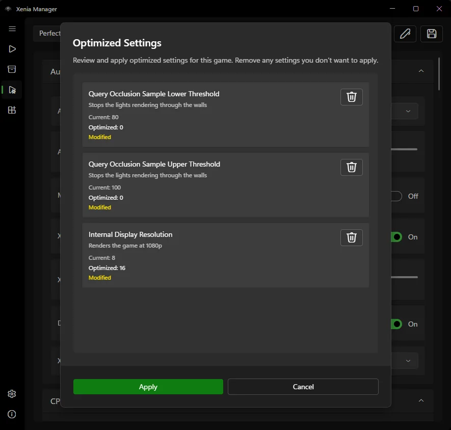 Xenia Manager optimized settings review dialog